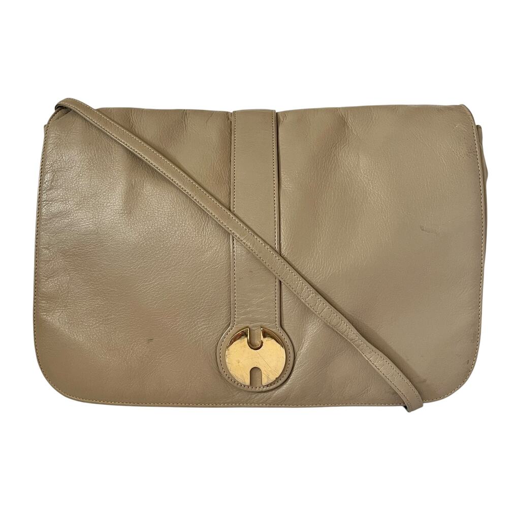 Authentic Halston Vintage Beige Leather Flap Convertible Clutch Shoulder Bag